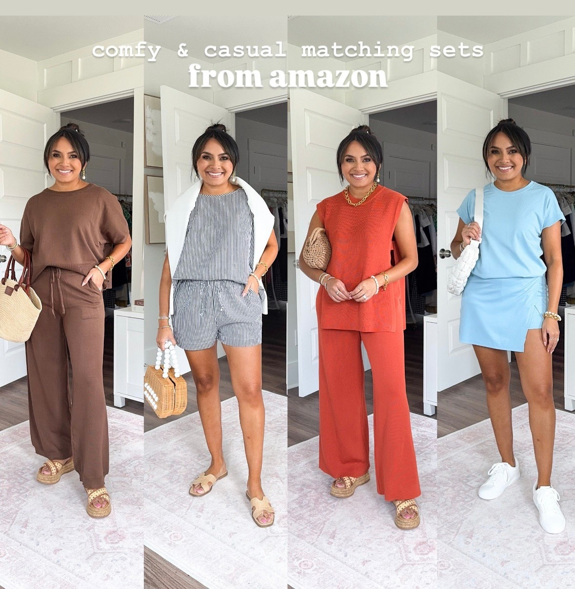 Amazon comfy and casual matching sets! 
For reference: I’m 5’0, 32b bra size, and 2/26 in bottoms, pear shaped. 

Brown matching set size small TTS - i can wear these pants with flats!
Wedge sandals size 5 TTS
 
Blue stripe set size xs TTS 
White sweater size xs TTS - White sweater size xs TTS - 15% off and free shipping with code HONEYSWEETXSPANX
Tan sandals size 5.5 TTS

Orange set size xs TTS - pants are a little long on me with flats, I rolled the waistband in once!
Wedge sandals size 5 TTS

Blue matching set size small TTS
White sneakers size 6 TTS


Matching sets
Amazon
Petite
Athletisure
Travel outfit
Airport outfit
Summer style
Summer fashion
Honey Sweet Petite
Honeysweetpetite
Charleston, SC


#LTKPetite #LTKStyleTip #LTKFindsUnder50