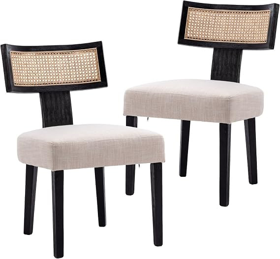 HNY Mid Century Modern Rattan Dining Chairs Set of 2, Farmhouse Linen Upholstered Accent Chair Cu... | Amazon (US)