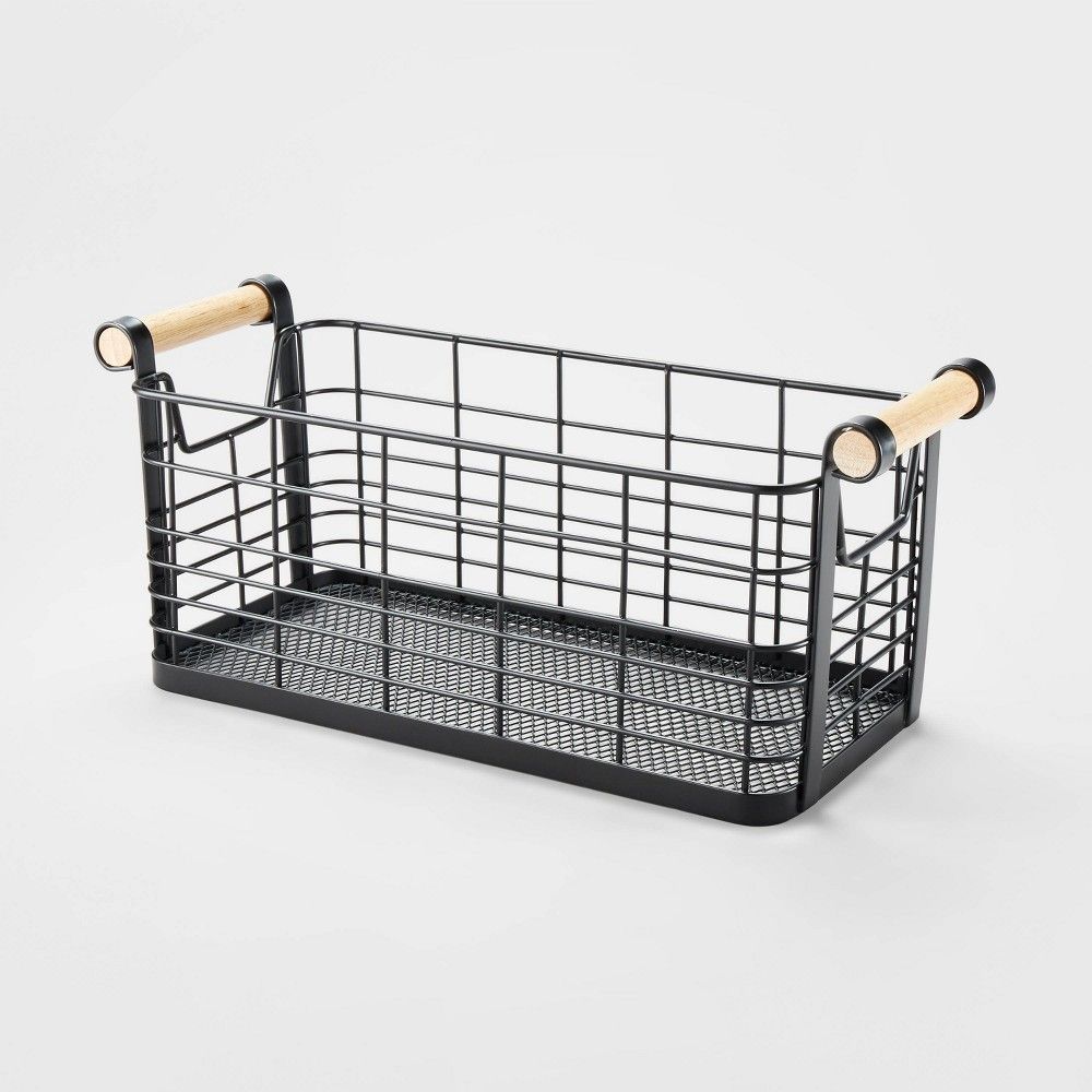 12"" x 6"" x 6"" Small Rectangular Wire Natural Wood Handles Basket Black - Brightroom | Target