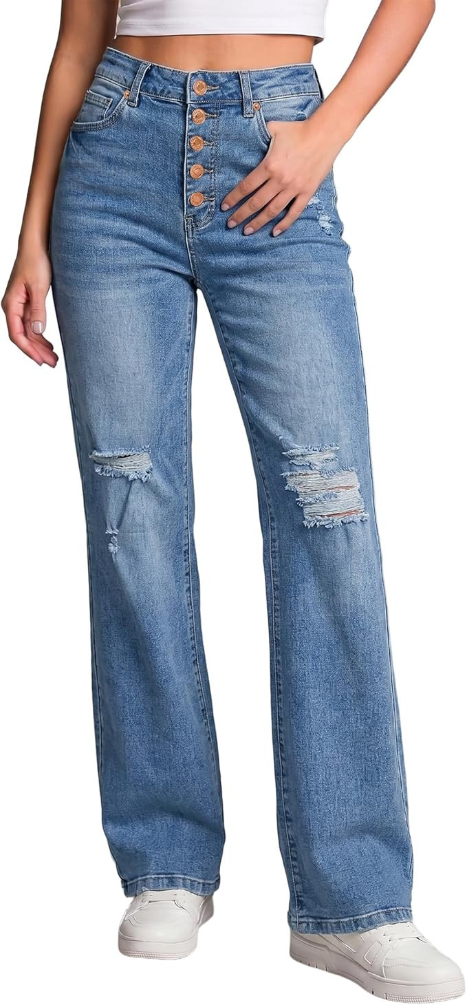 LookbookStore High Waisted Ripped Flare Jeans for Women Distressed Bell Bottom Jeans Wide Leg Pan... | Amazon (US)