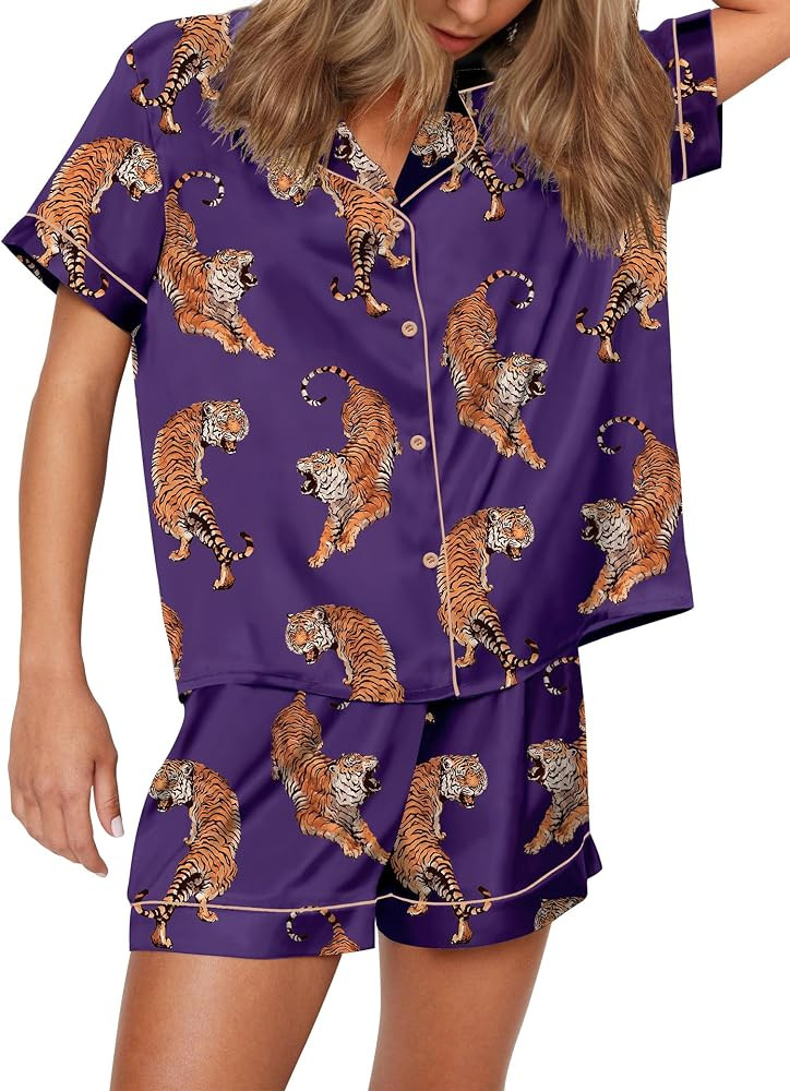 SHESHOW Satin Pajamas for Women Set Preppy Animals Pjs Short Sleeve Shorts 2 Piece Loungewear Set... | Amazon (US)