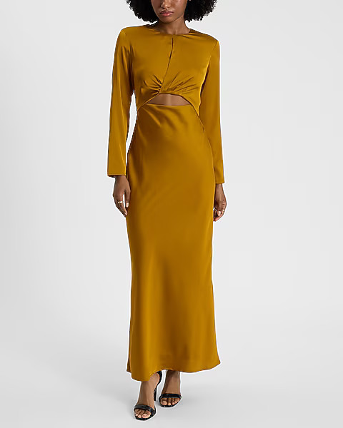 Satin Long Sleeve Cutout Twist Maxi Dress | Express