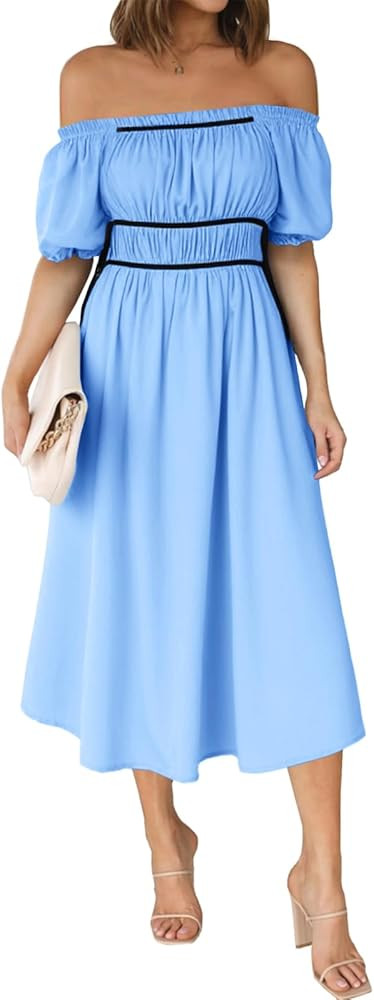 Wenrine Womens Off The Shoulder Midi Dress Summer Square Neck Puff Short Sleeve Casual Flowy A Li... | Amazon (US)