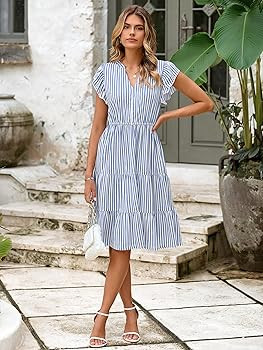 Glamaker Floral Tiered Midi Sundress Casual Summer V Neck Flutter Sleeve Striped Sun Dress with P... | Amazon (US)