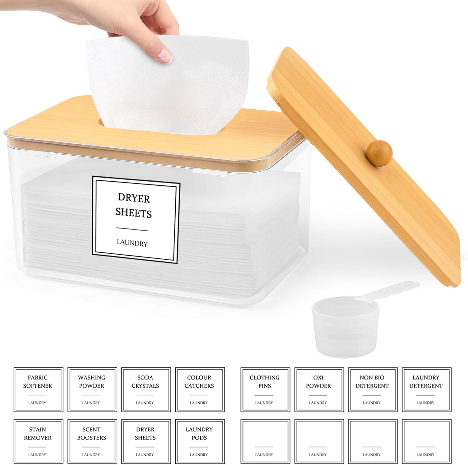 Gocasmus Dryer Sheet Holder - Clear Dryer Sheets Container with Bamboo Lid, 16 Labels and Scoops for Laundry Room Organization and Storage Dryer Sheet, Balls, Clothespins, Pods | Amazon (US)