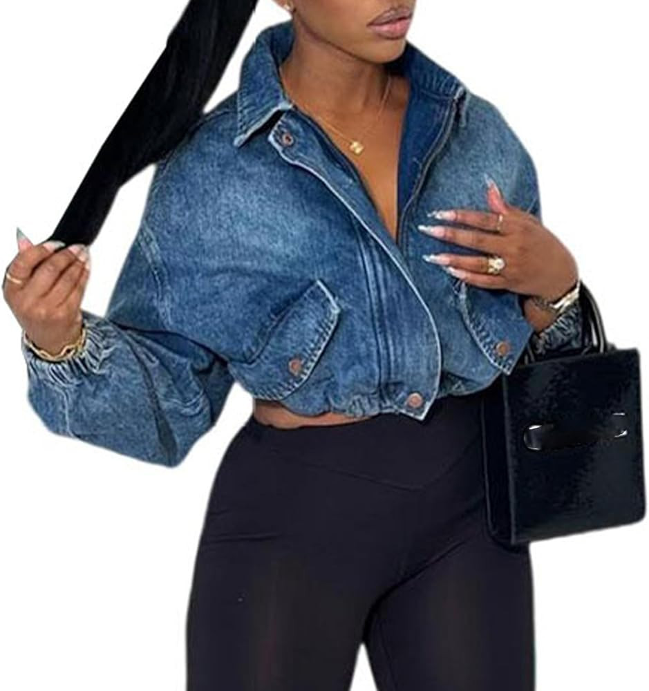 Molilove Cropped Jean Jackets for Women Long Sleeve Lapel Neck Zipper Up Varsity Jackets Denim Bo... | Amazon (US)