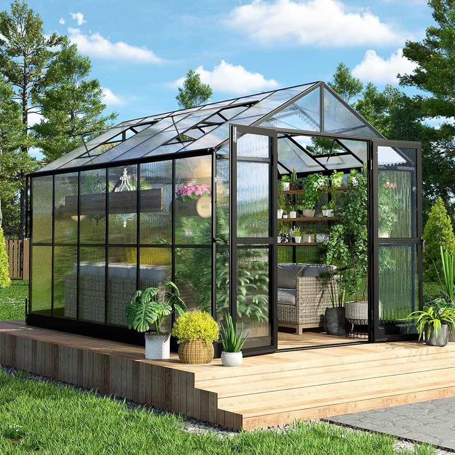 HOWE 8x12x7.5 FT Polycarbonate Greenhouse Double Swing Doors 4 Vents 5.2FT Added Wall Height, Wal... | Amazon (US)