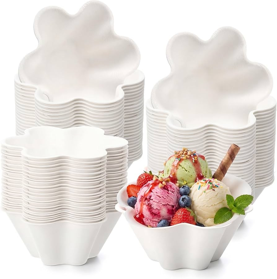 Honeydak 50 Pcs Ice Cream Bowls Compostable Flower Shape Paper Bowls 8 oz Heavy Duty White Dispos... | Amazon (US)
