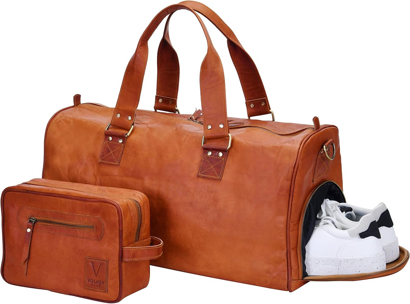 Volksy Bags Vintage Leather Duffle Bag For Men Women with shoe compartment, Leather Travel Bag For M | Amazon (US)