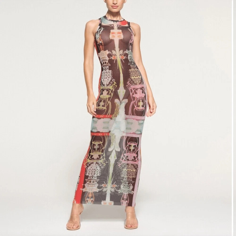 Skims Mesh High Neck Long Dress - Orchid Cabinet print tight stretchy maxi New S  | eBay | eBay US