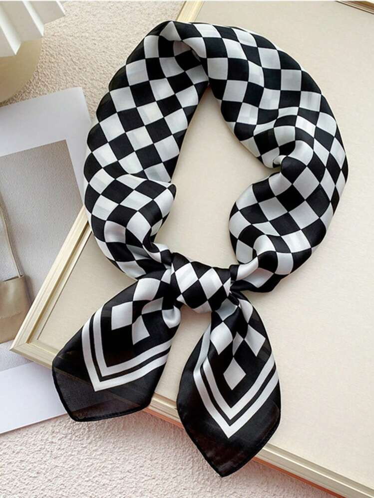 1pc 27.5"*27.5" Black & White Chessboard Pattern Faux Silk Bandana Small Square Scarf, Classic & Versatile For Women, Suitable For Daily Decoration, Street & Business Wear | SHEIN