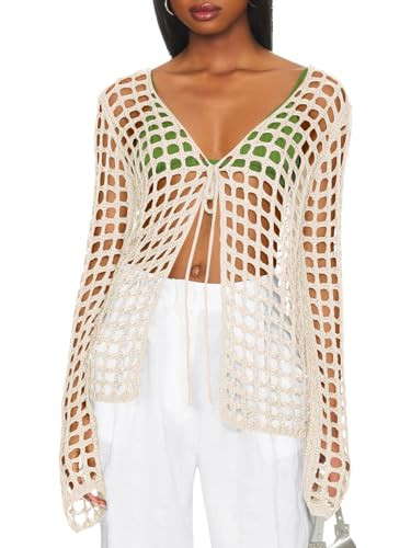 Saodimallsu Womens Summer Crochet Bathing Suit Cover Ups Long Sleeve V Neck Open Front Swimwear C... | Amazon (US)