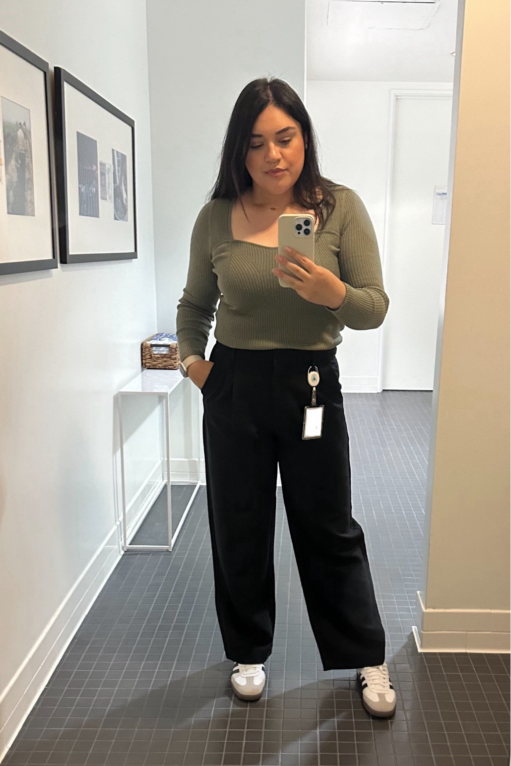 Office outfit of the day: professional but also comfy 🖤 I love the stretchy waist band in these old navy trouser pants. I’m wearing a Large in both the top and trousers. Also I love the Adidas Samba shoes for the office! 

#LTKmidsize #LTKstyletip #LTKsalealert