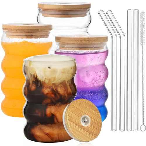 ALINK 16 oz Drinking Glasses with Lids and Straws Set of 4, 16 oz Wave Shape Bubble Glass Cups, Iced Coffee Glasses for Beer, Cocktail, Water Cups with Brush | Amazon (US)