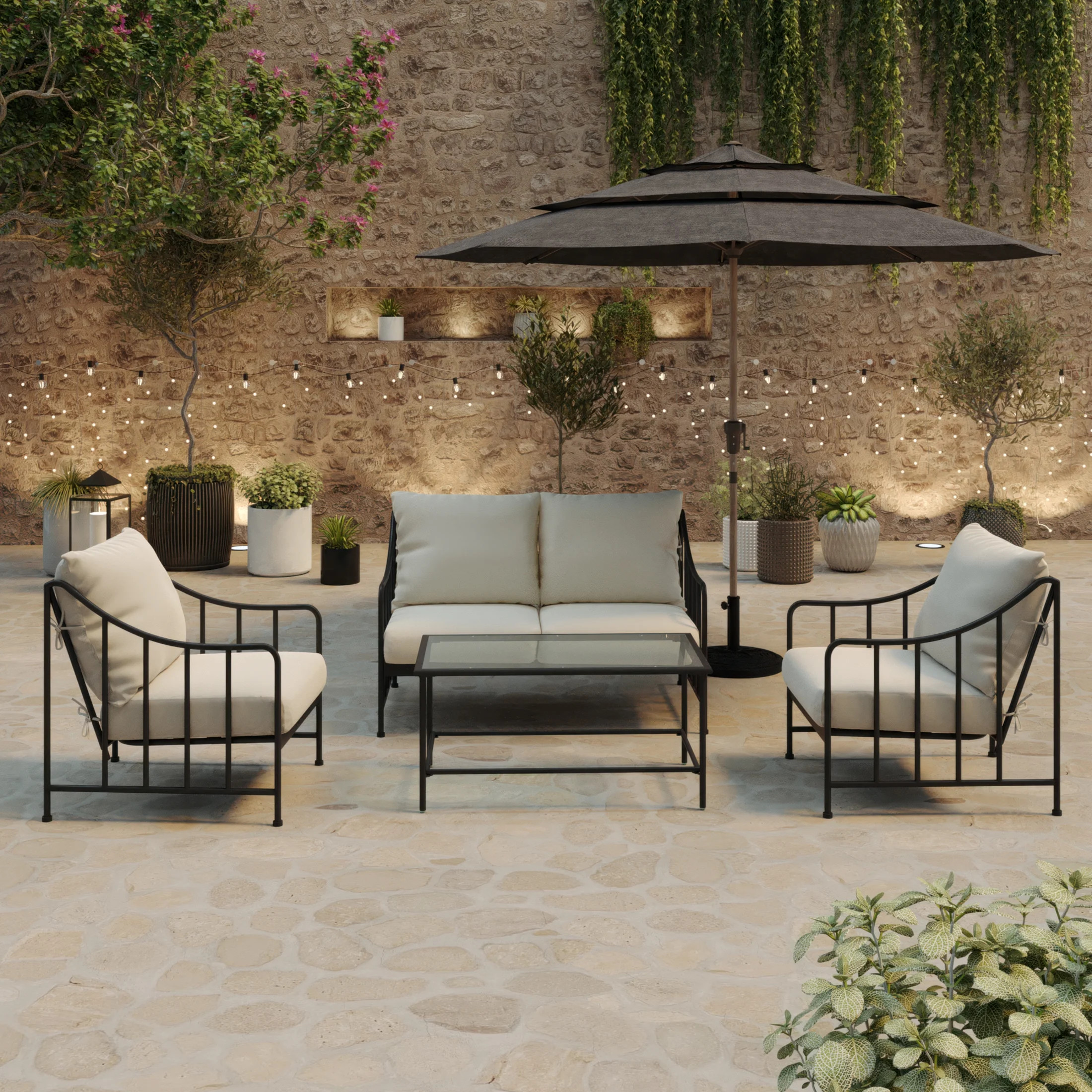 Better Homes & Gardens Aubrey 4-Piece Steel Outdoor Conversation Set with Cushions, Cream | Walmart (CA)