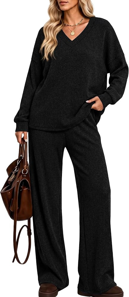 Sampeel Two Piece Sets for Women Lounge Set Long Sleeve V Neck Ribbed Knit Tops Wide Leg Pants Ma... | Amazon (US)