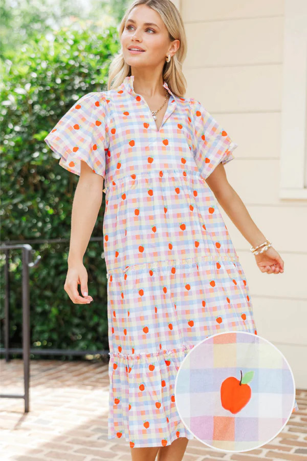 Feeling Your Best Blue Gingham Apple Print Midi Dress | The Mint Julep Boutique