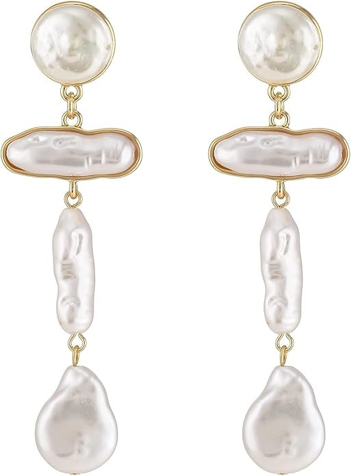 Statement Pearl Dangle Earrings,Gold and Large Pearl,Luxury Chandelier Organic Style Earrings | Amazon (US)