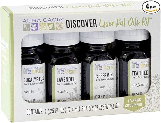 Aura Cacia Discover Essential Oils Kit, 4-Pack, Lavender, Eucalyptus, Peppermint & Tea Tree Oils,... | Amazon (US)