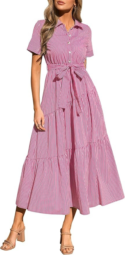 PRETTYGARDEN Women's Summer Maxi Button Up Shirt Dress 2026 Short Sleeve Striped A Line Long Flow... | Amazon (US)