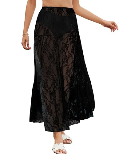 Bsubseach Women Summer Lace Maxi Skirt Elastic Waist Sheer Beach Cover Up Long Skirts Black S | Amazon (US)