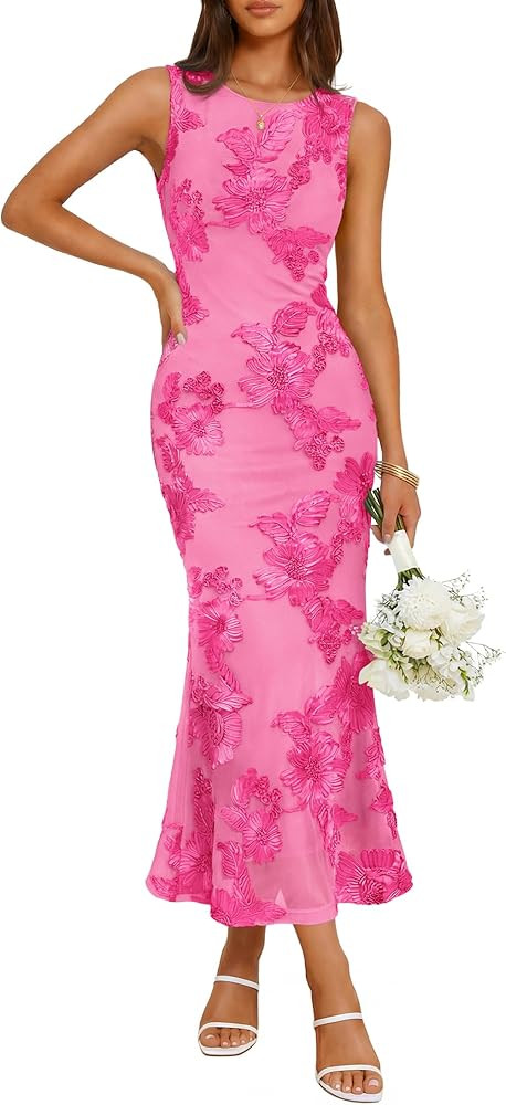Amazon.com: ZESICA Womens 2026 Summer Floral Wedding Guest Midi Dress Sleeveless Mesh Slit Bodyco... | Amazon (US)