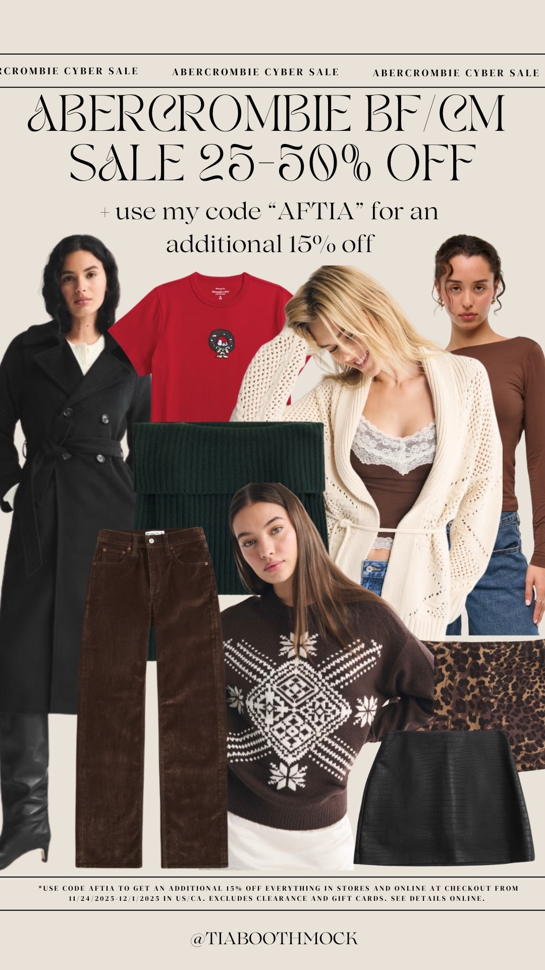 Last chance to use my code “AFTIA” to stack on top of Abercrombie’s cyber sale! 

#LTKCyberWeek #LTKGiftGuide #LTKHoliday