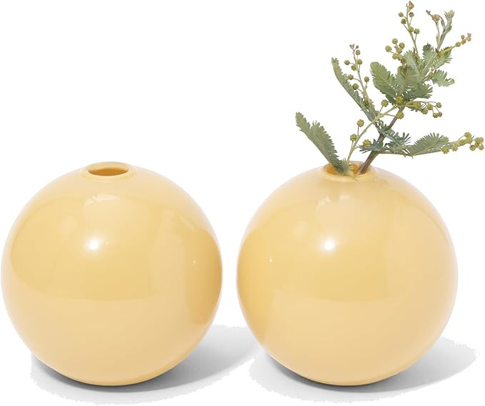 Bud Vases Set of 2, Ball Shape Glass vase, Yellow vase, Light Yellow Gift, Small Vintage vase for... | Amazon (US)