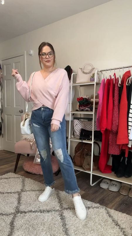 Casual Valentine’s Day look / pink sweater in size large / Amazon jeans in size large / white sneakers / midsize look 

#LTKcurves #LTKstyletip