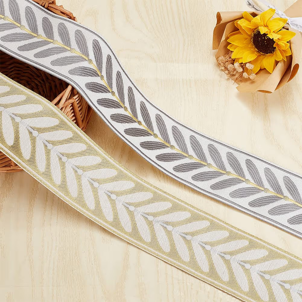 OLYCRAFT 10.9Yards Jacquard Ribbon Trim 2.4 Inch Leaf Pattern Polyester Ribbons Grey White Woven ... | Amazon (US)