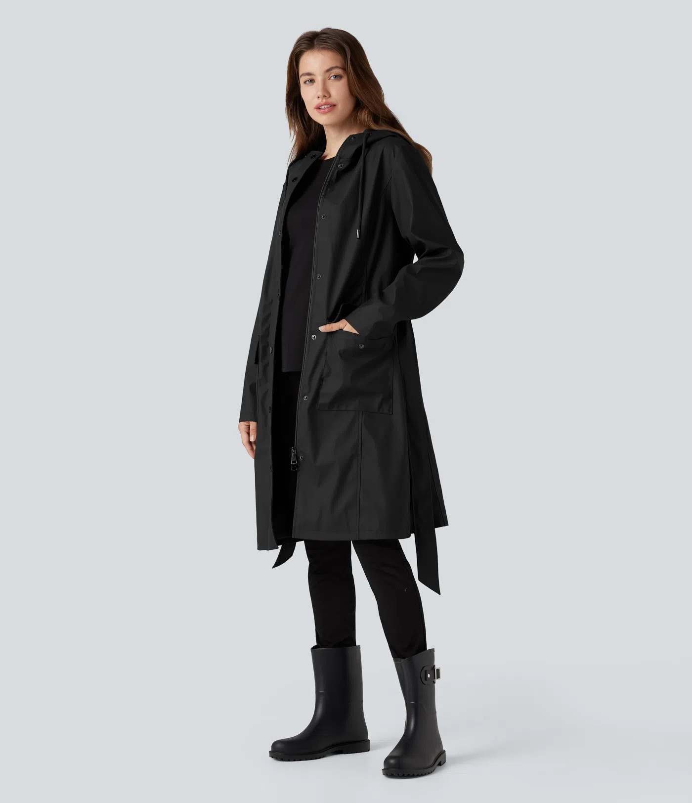 Women’s Waterproof Hooded Long Sleeve Belted PU-Like Casual Longline Jacket with Pockets - Hala... | HALARA