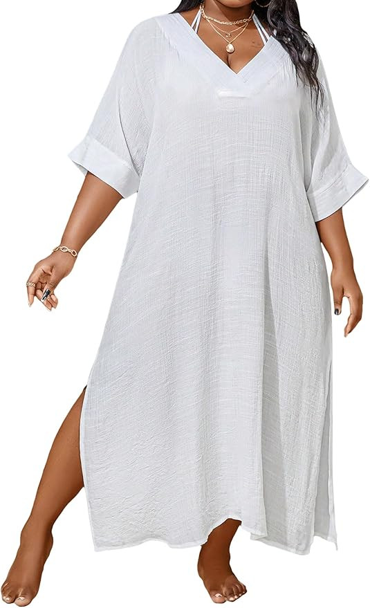WDIRARA Women's Plus Size Swimwear V Neck Half Sleeve Split Side Cover Up Beach Dress | Amazon (US)
