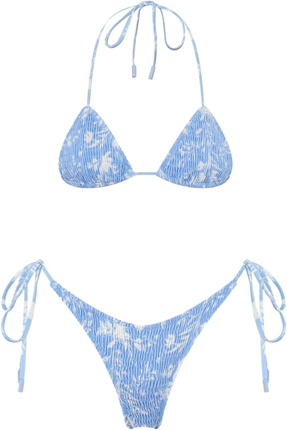 VOLAFA Women's Triangle Bikini String Swimsuit Print Tie Smocked Ruched Two Piece Bathing Suit Se... | Amazon (US)