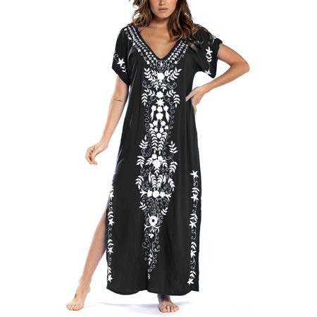 Womens Long Swimsuit Bathing Suit Cover Up Maxi Beach Dress Boho Embroidered Summer Dress Caftan | Walmart (US)