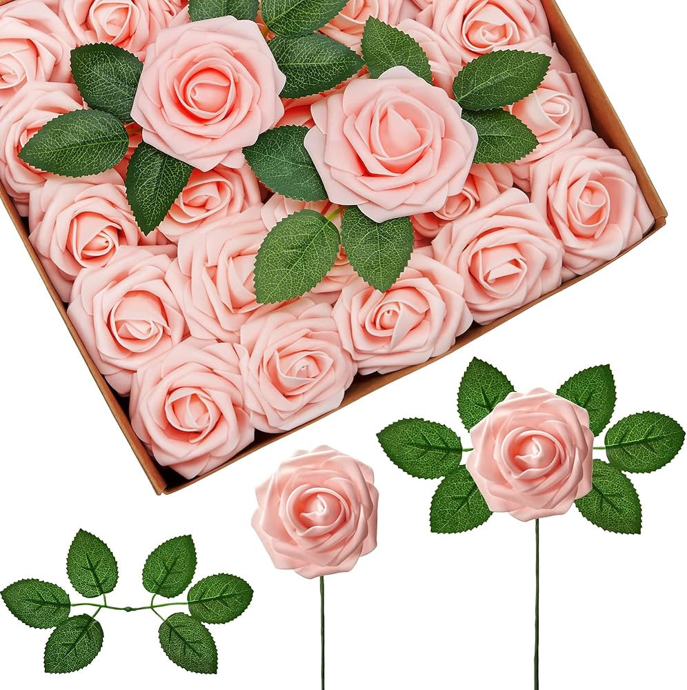 InnoGear Artificial Roses, 50 Pcs Blush Fake Roses with Stems Faux Artificial Flowers for Decorat... | Amazon (US)