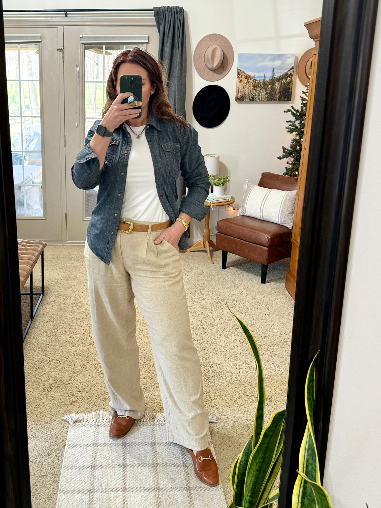 Spring Outfit. Casual denim style. Loose fit line. Pants. 
Wrangler Shirt & brown mules I’ve had awhile; linked similar options  

#LTKover40 #LTKworkwear #LTKmidsize