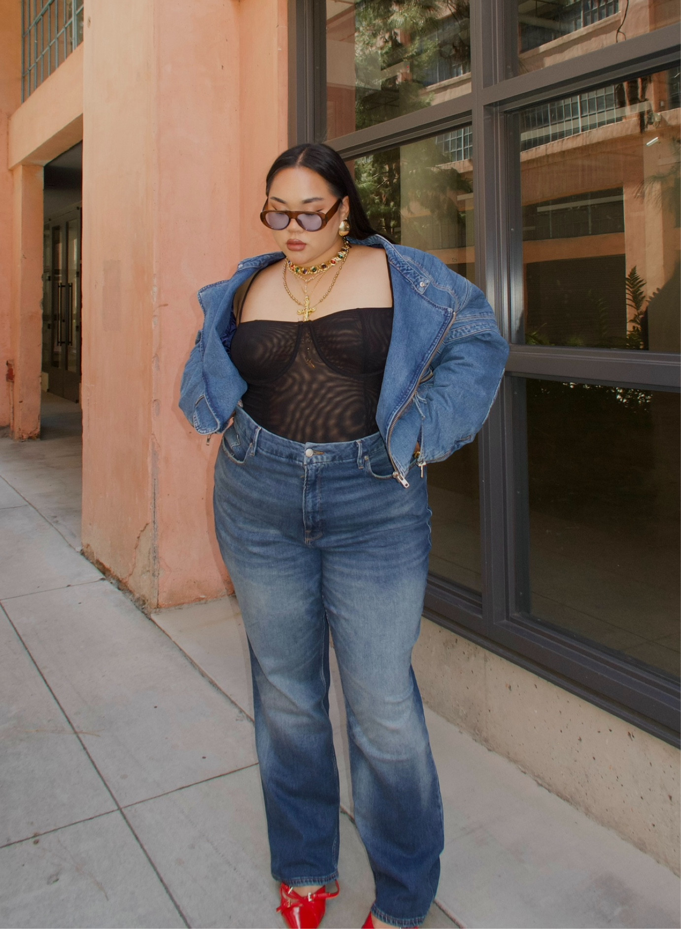 Good American all denim fit! I’m wearing… 
• jacket: 2XL
• jeans: US 18 plus 
• mesh bodysuit: 2XL 


#LTKPlusSize #LTKStyleTip