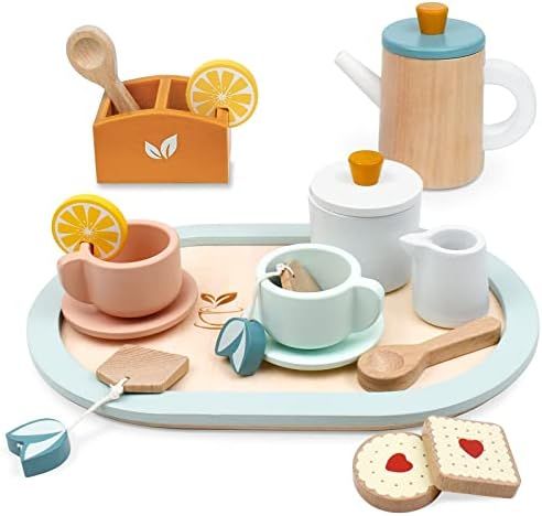 PairPear Wooden Tea Set for Little Girls, Wooden Toys Toddler Tea Set Play Kitchen Accessories fo... | Amazon (US)