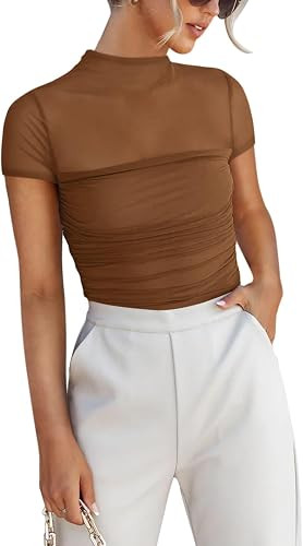 REORIA Women's Sexy Mock Turtle Neck Short Sleeve Shirts Sheer Mesh Ruched Trendy Going Out Bodys... | Amazon (US)