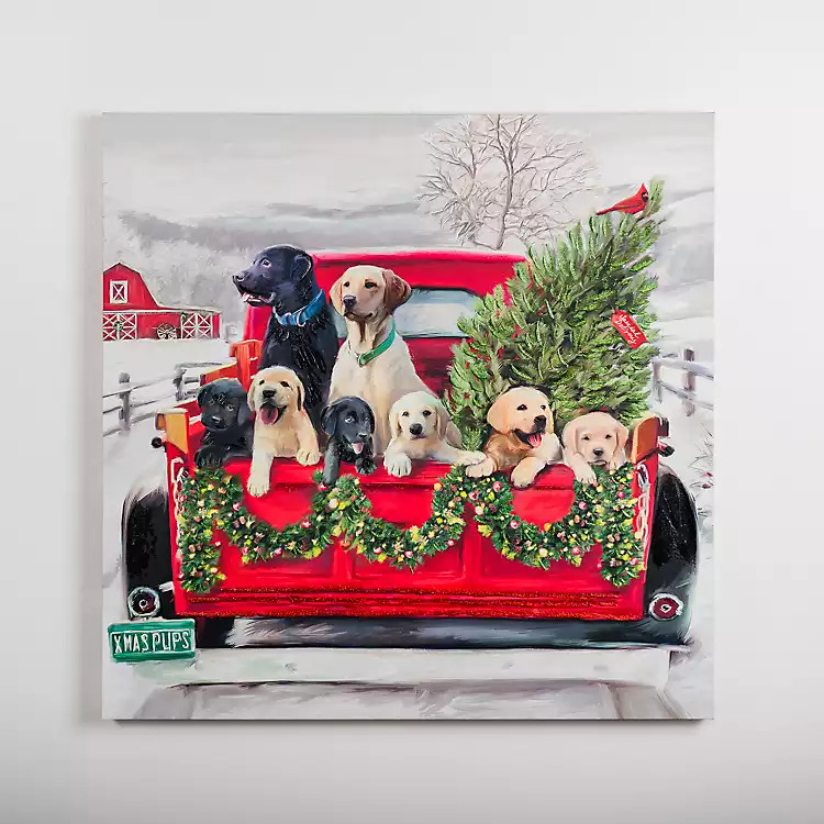 New! Puppies in Truck Christmas Canvas Wall Plaque | Kirkland's Home