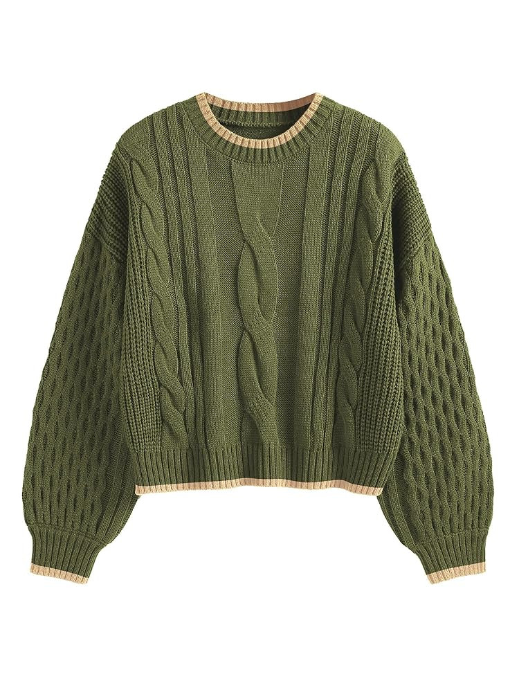 ZAFUL Women's Solid Knit Cable Sweater Casual Long Lantern Sleeve Pullover Crew Neck Knitted Tops | Amazon (US)