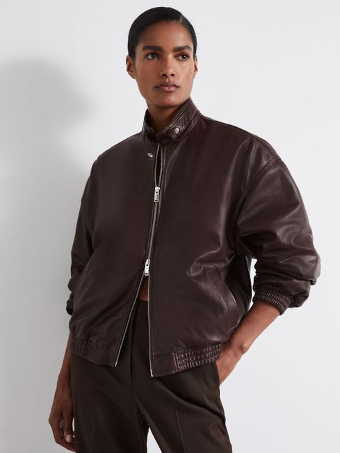 Atelier Leather Latched Collar Bomber Jacket in Berry | Reiss UK