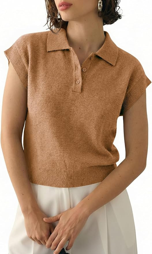 Saodimallsu Womens Cap Short Sleeve Sweater Top Summer Polo Shirts Button Collared Knit Business ... | Amazon (US)