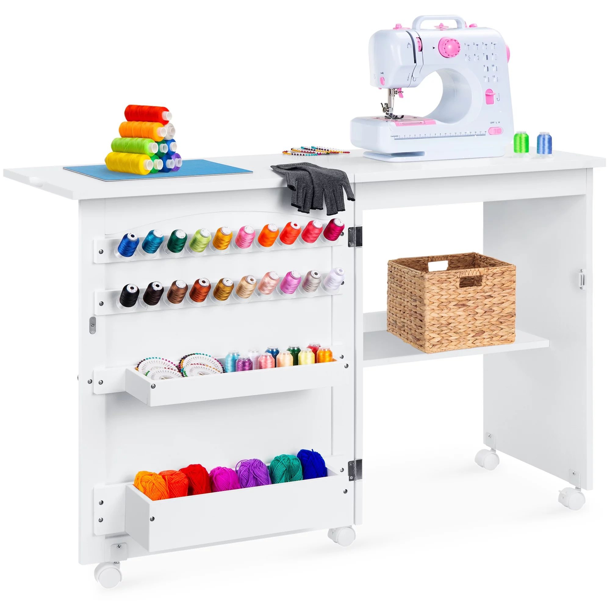 Best Choice Products Sewing Machine Table & Desk w/ Craft Storage and Bins - White - Walmart.com | Walmart (US)