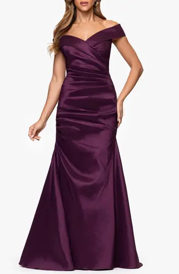 Xscape Evenings Off the Shoulder Taffeta Sheath Gown in Plum at Nordstrom Rack, Size 10 | Nordstrom Rack