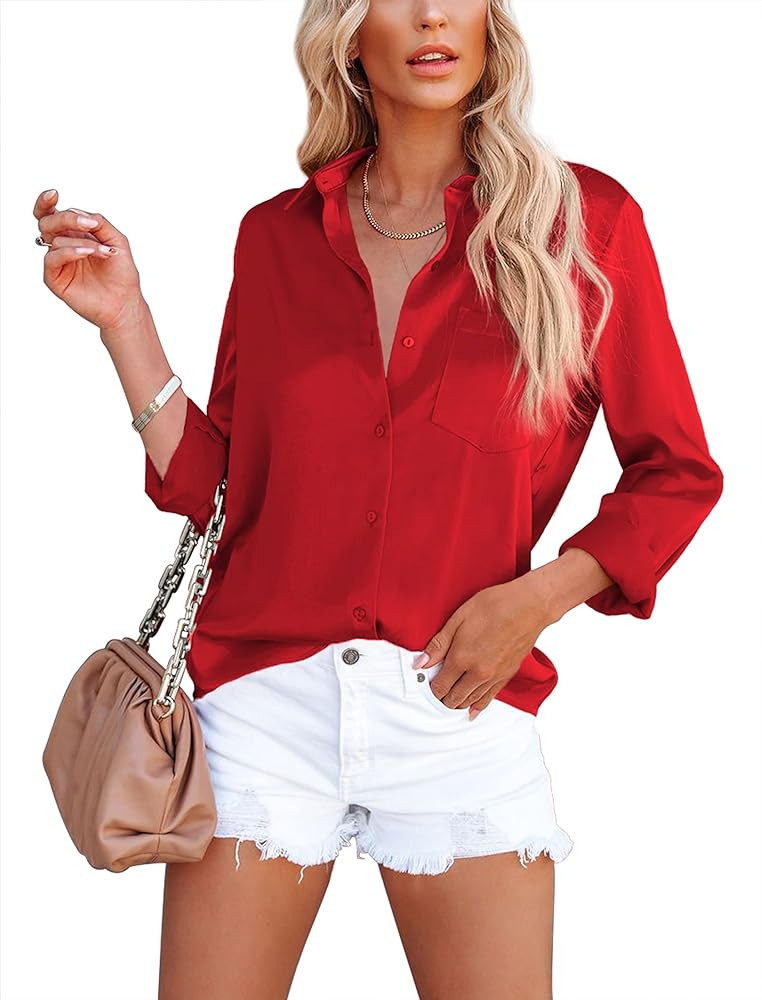 OMSJ Women's Button Down Shirts Satin V Neck Long Sleeve Casual Work Blouse Tops with Pocket | Amazon (US)