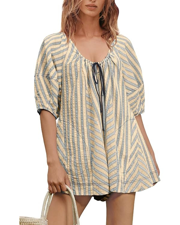 ReachMe Womens Summer Striped Rompers Oversized Puff Sleeve Wide Leg Romper Dress Trendy Beach Va... | Amazon (US)