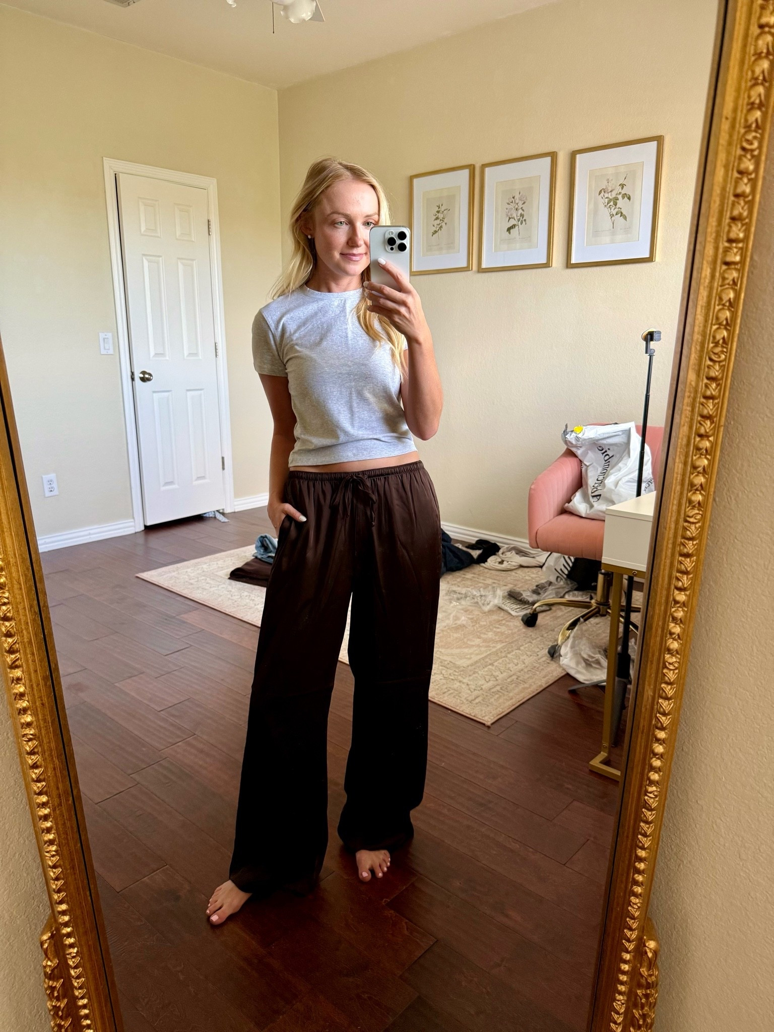 Satin pants! Wearing an XS short