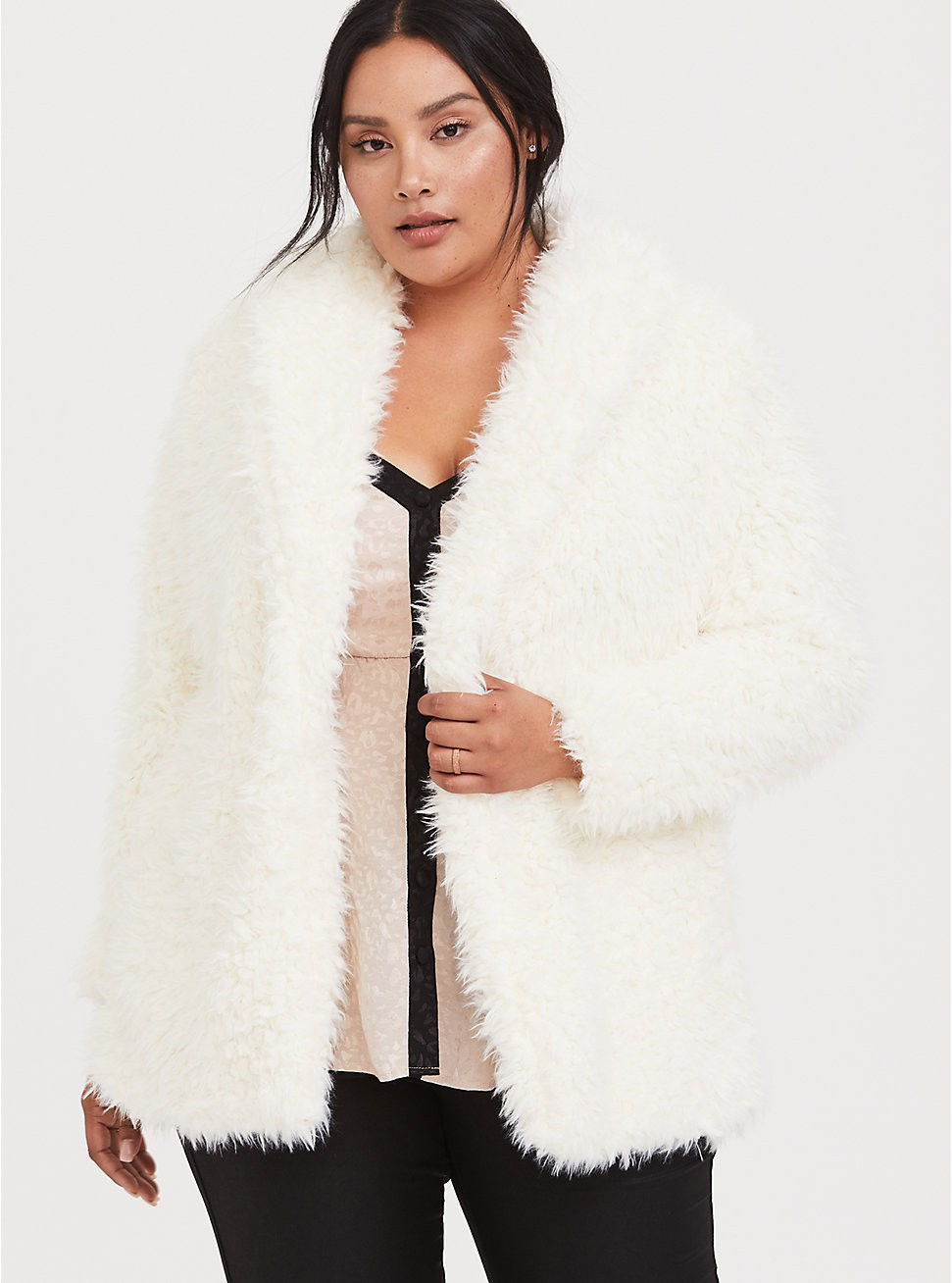 White Shearling Drape Teddy Jacket | Torrid
