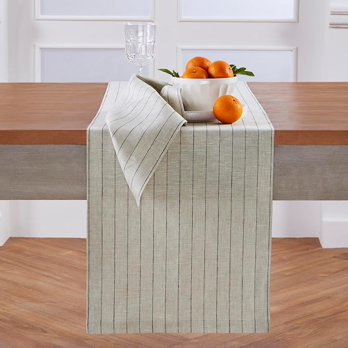 Solino Home Linen Striped Table Runner 120 Inches Long - Pinstripe 100% Pure Linen Light Natural ... | Amazon (US)